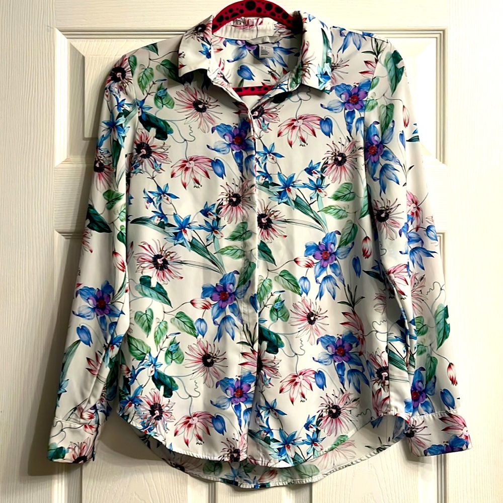 White floral blouse, very smooth and silky, button down